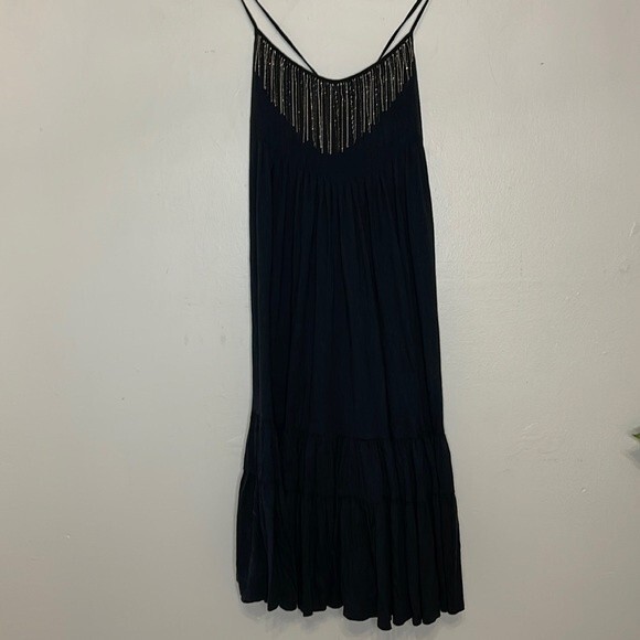 Rebecca Taylor Black Pima Modal Open Back Swing Dress with Chain Details Large - Picture 1 of 9